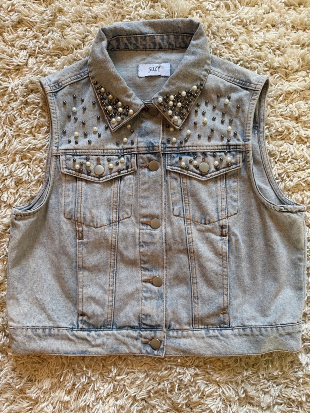 Suzy Shier Light Gray Studded Denim Vest